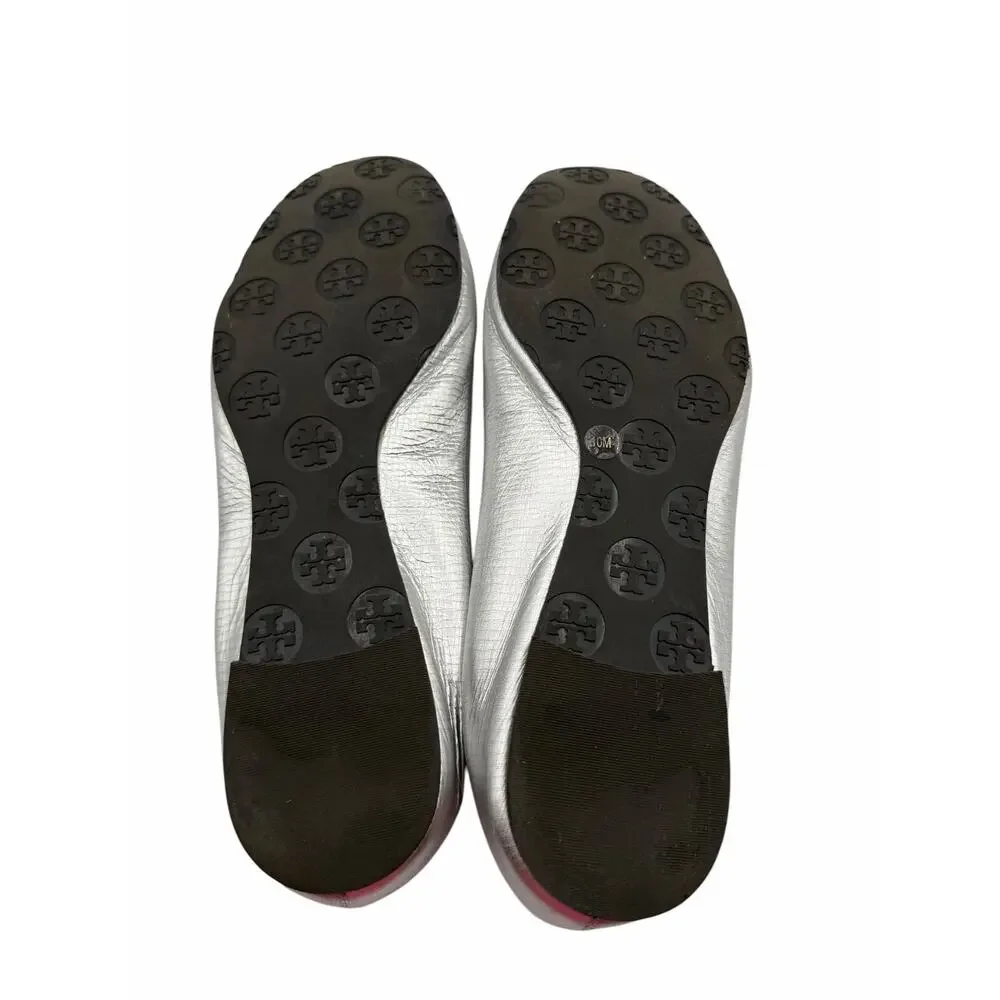 Tory Burch Reva Flats Silver Metallic‎ Leather Logo Medallion Shoes Size 10 Y2K